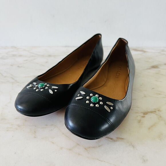 COACH Farrell Solid Black Leather Jewel Accent Ballerina Flats - US 8.5 - Picture 1 of 9